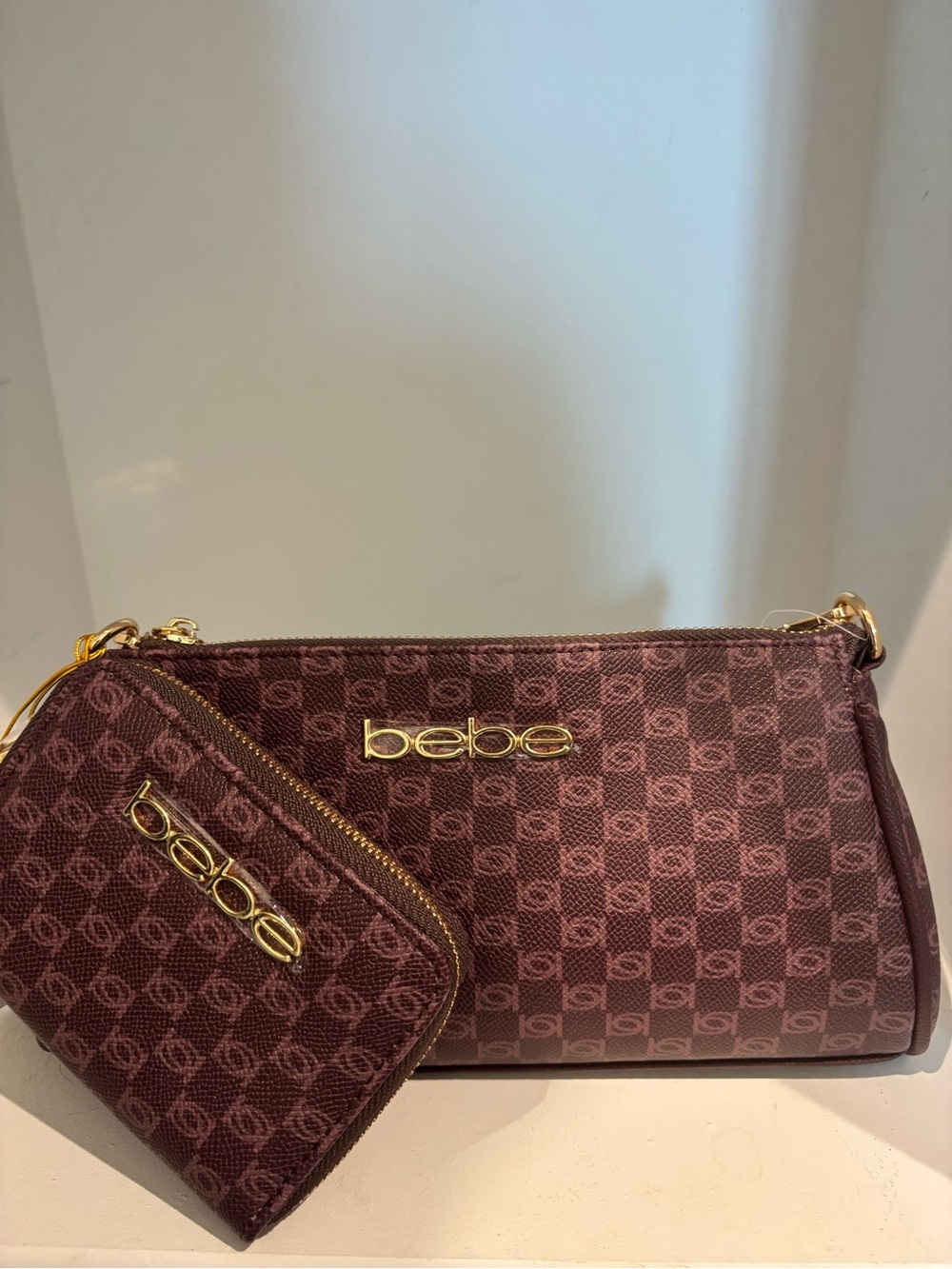 bebe Adela Burgundy Monogram Baguette Crossbody with Matching Wallet